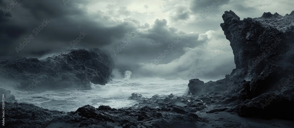 Poster dramatic seascape with rocky coastline and stormy clouds creating a moody atmosphere in black and wh