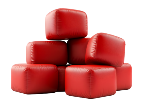 Stack of red cubic objects, possibly containers or packages, arranged in a visually appealing manner, isolated on transparent background, PNG, cut out