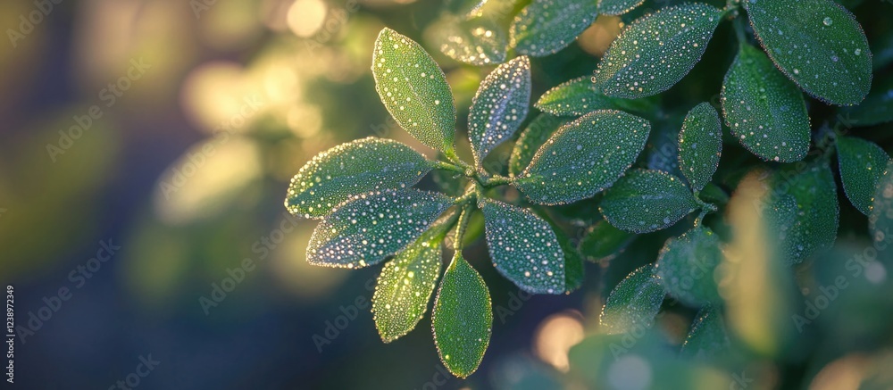 Poster close-up of dew-covered green leaves with natural sunlight highlighting textures and details suitabl