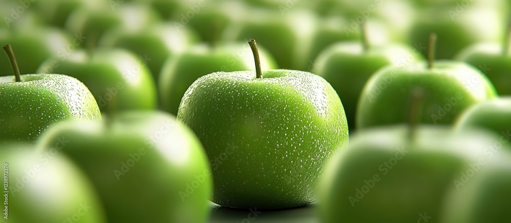 Aufkleber fresh green apples with droplets of water in a blurred background of apples copy space