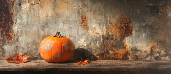 Autumn still life featuring a rustic pumpkin on a weathered wooden table with orange leaves against a textured aged wall Copy Space