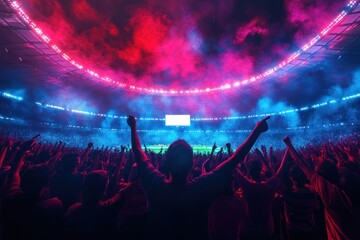 Fans passionately support their teams in a packed stadium under colorful lights during an intense sports match at night