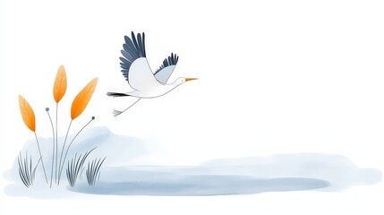 Obraz premium Elegant heron flying over calm water with stylized plants in serene nature backdrop