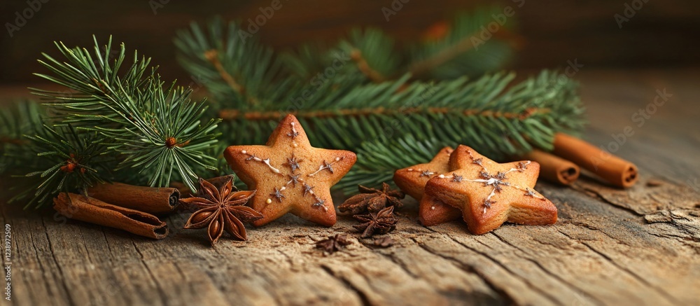 Aufkleber gingerbread star cookies with cinnamon sticks and pine branches on rustic wooden background copy spa