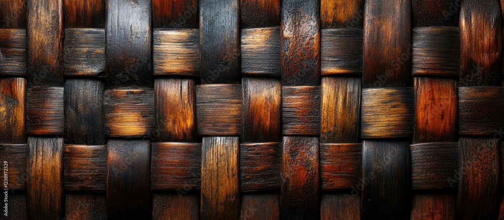Poster Woven texture of dark and light wood panels forming a complex pattern suitable for backgrounds with Copy Space