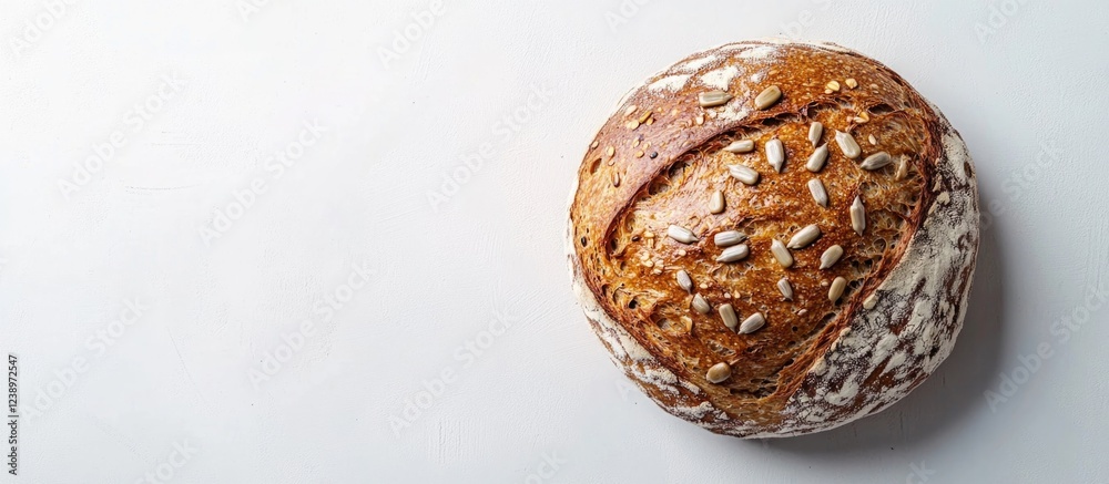 Poster Artisan round loaf of bread topped with seeds on white background with ample copy space