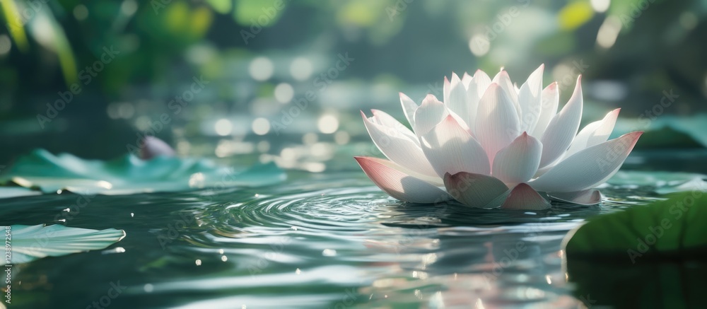 Poster White lotus flower floating on still water surrounded by green lily pads in a tranquil natural setting with soft reflections. Copy Space