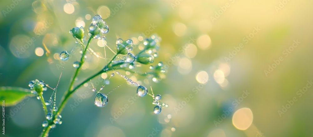 Aufkleber Close-up of dew drops on green plant stem with blurred background and soft bokeh effect illuminated by sunlight Copy Space