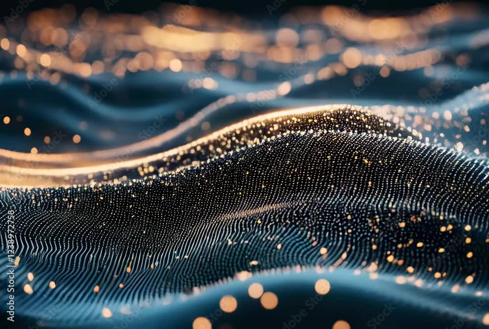 Sticker abstract digital background featuring flowing waves of light particles illuminating a dark surface i