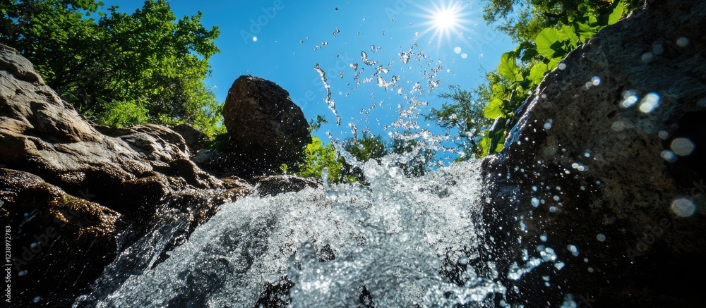 Poster waterfall with splashes under bright sunlight surrounded by lush greenery and rocks with clear blue 