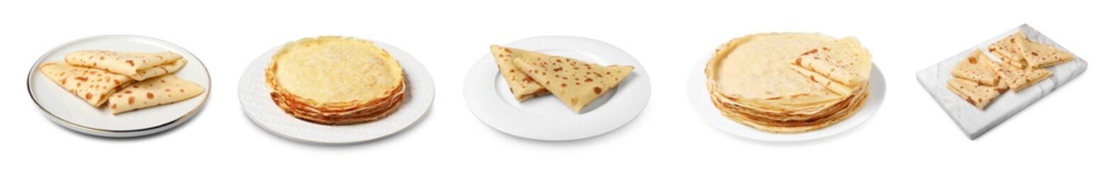 Set of delicious thin crepes on white background