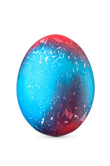 Blue and red decorative Easter egg with stains isolated. Transparent PNG image.