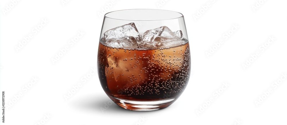 Poster glass of carbonated soft drink with ice cubes on white background copy space