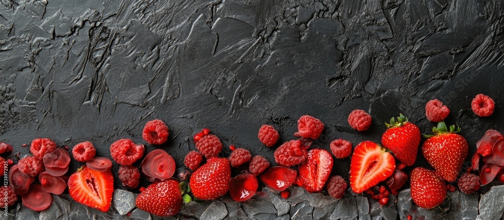 Aufkleber Fresh red strawberries and raspberries arranged on dark textured background with ample copy space for text