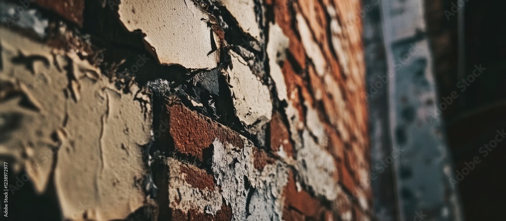 Poster textured close-up of an old brick wall with peeling paint and weathered surfaces suitable for backgr