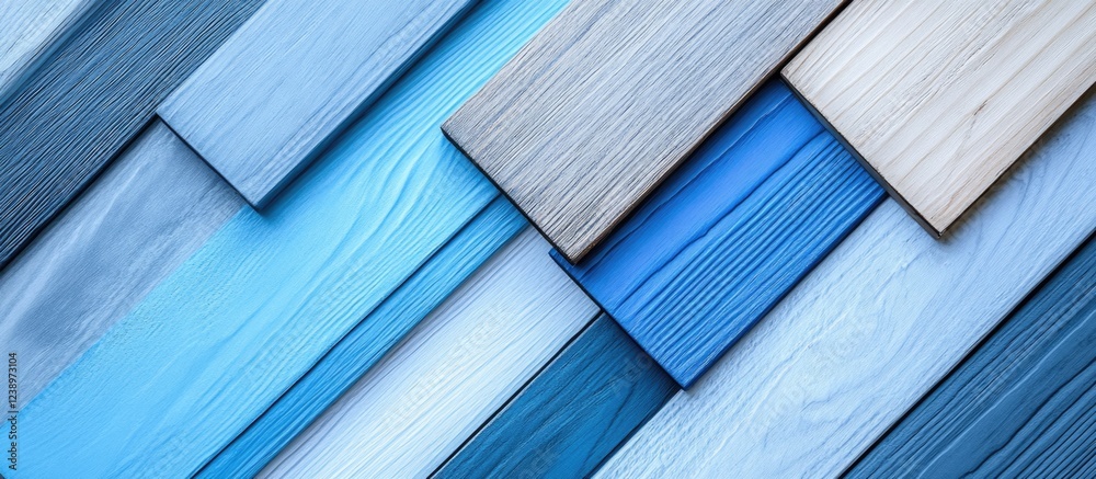 Poster blue and gray wooden planks arranged in a layered pattern, showcasing various shades and textures wi