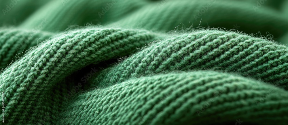 Poster Green knitted fabric texture close-up with soft folds and detailed pattern, suitable for textile background. Copy Space