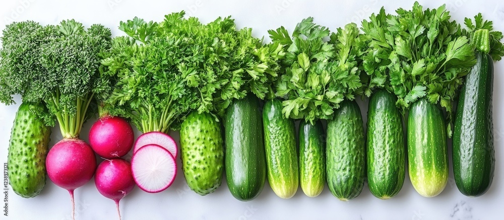 Poster fresh assorted vegetables including cucumbers radishes and leafy greens on marble background with co
