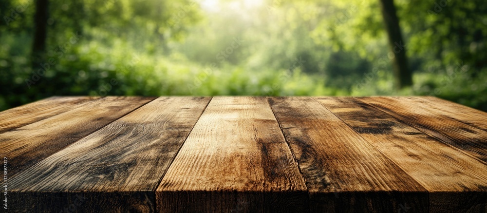 Poster wooden table surface with natural background in soft focus and warm light copy space