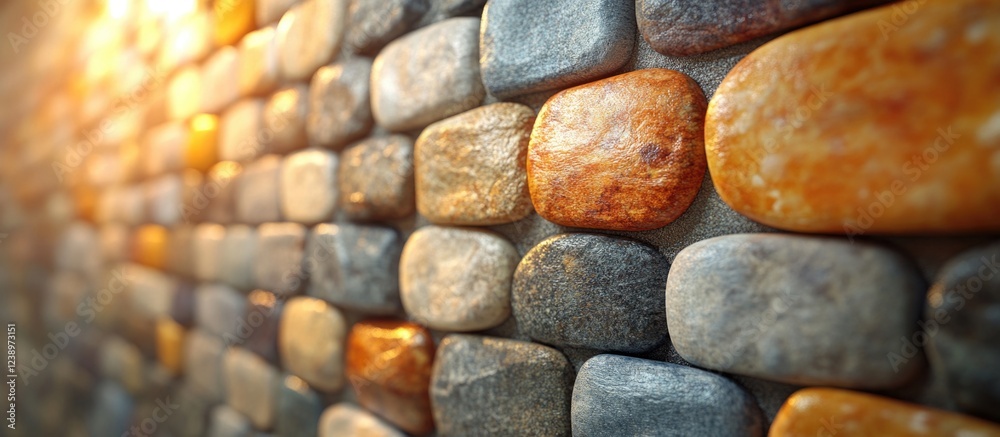 Aufkleber Textured close-up of colorful river stones arranged in a wall pattern with soft lighting and shadows Copy Space