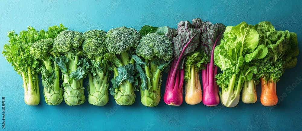Poster fresh assorted green vegetables arranged on a teal background with vibrant colors and textures copy 