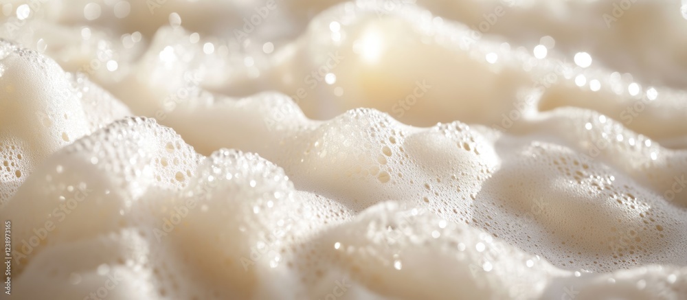 Poster Close-up of soft white foam with bubbles on a smooth surface creating a textured pattern suitable for backgrounds and designs Copy Space