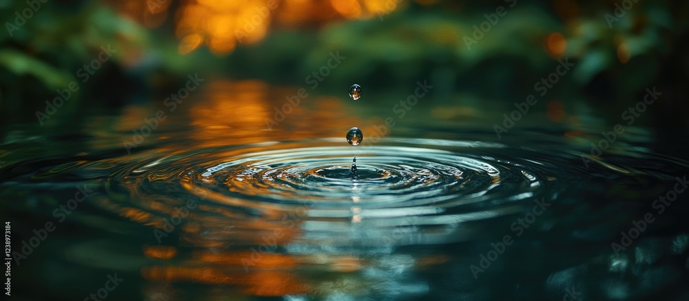 Poster water droplet creating ripples on a calm surface with a blurred natural background during sunset cop