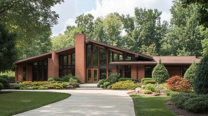 A medium-sized home with minimalist architecture and large windows, located in a quiet suburban neighborhood. The house features a beautiful garden and a clean aesthetic. 