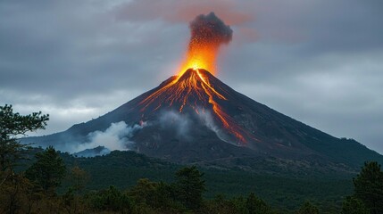 A stunning volcanic eruption captures the essence of nature's power as vibrant lava flows down a majestic mountain. Smoke billows into the sky, creating an awe-inspiring spectacle at dawn