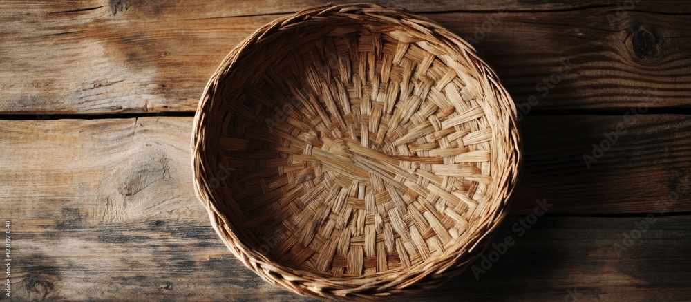 Aufkleber Woven wicker basket placed on rustic wooden surface with copy space for text or design elements