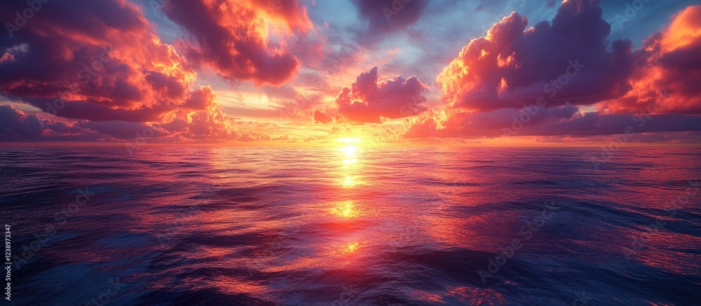 Poster vibrant sunset over calm ocean waters with dramatic clouds and reflective surface creating a stunnin