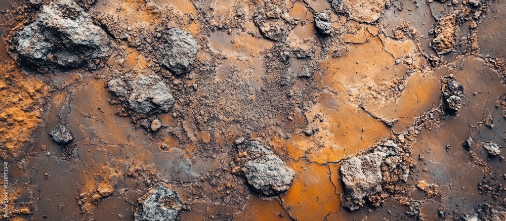 Poster Textured surface of soil with rocks and orange hues showcasing natural elements and patterns Copy Space