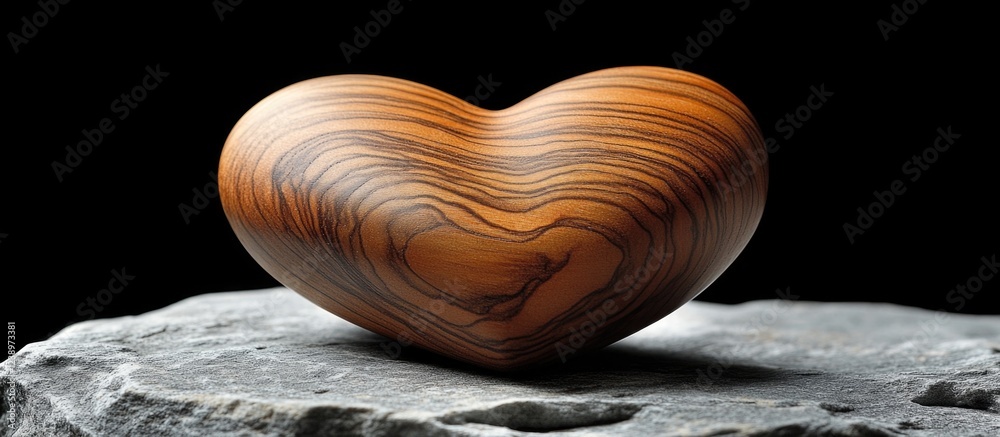 Poster wooden heart figurine placed on a stone surface with black background showcasing natural textures an