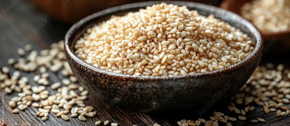 Aufkleber raw sesame seeds in a rustic bowl on a wooden surface with scattered seeds and natural lighting copy