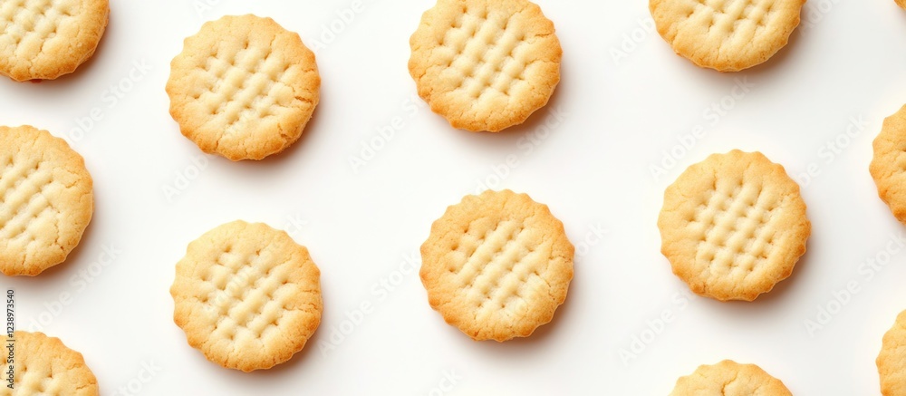 Aufkleber pattern of round biscuits arranged on a white surface with textured tops and golden brown edges idea