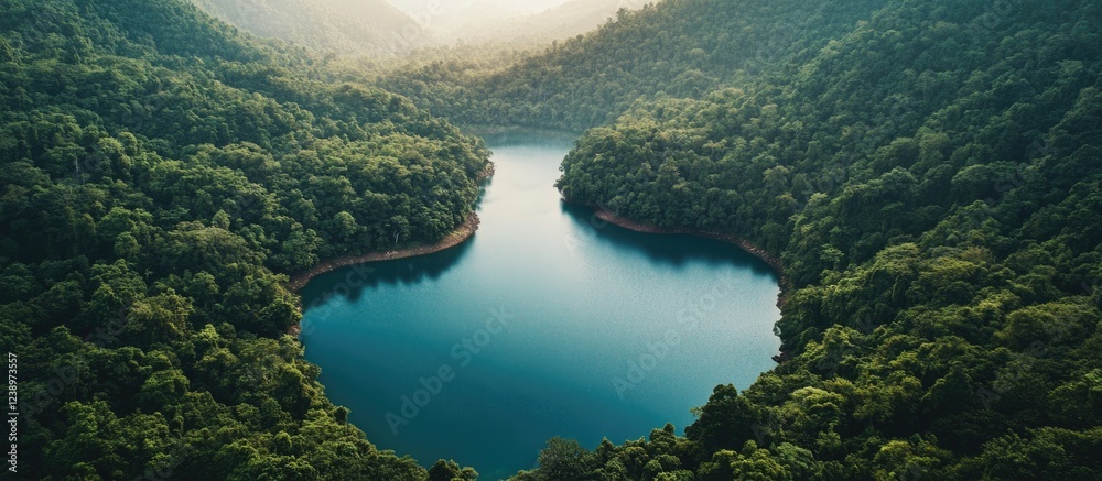 Poster aerial view of a tranquil forest surrounded lake with lush greenery and hills in the background duri