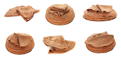 Set of delicious chocolate crepes on white background