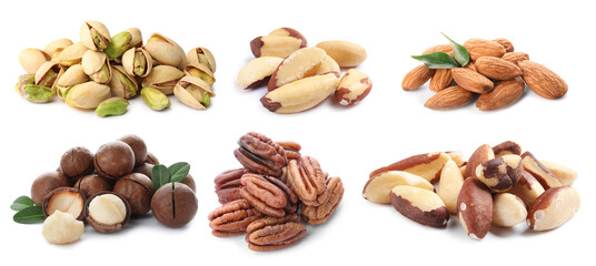 Brazil and other nuts isolated on white, set