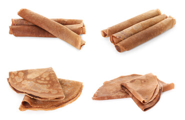 Set of delicious chocolate crepes on white background