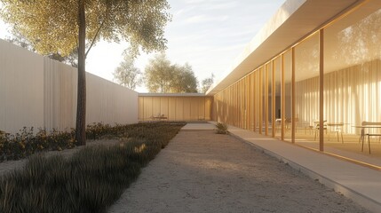 A medium-sized modern house with clean lines and minimalist architecture, surrounded by a well-kept garden. The house has large windows and a stylish design.