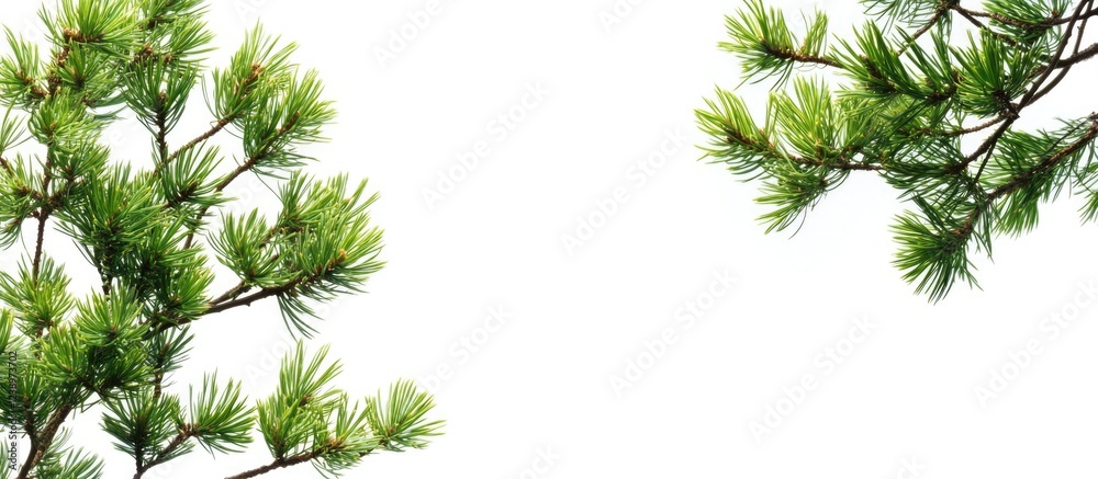 Aufkleber Pine tree branches with fresh green needles on white background with copy space for text