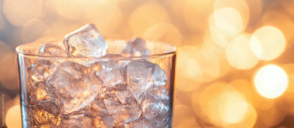 Aufkleber Glass of ice cubes with bokeh background in warm tones and copy space for text