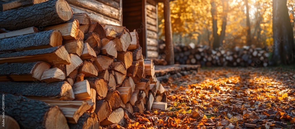 Poster stacked firewood near rustic log cabin in autumn forest with colorful fallen leaves and warm sunligh