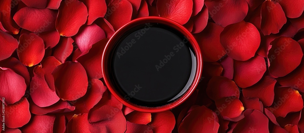 Poster red rose petals surrounding a black bowl on a textured surface with copy space for text.
