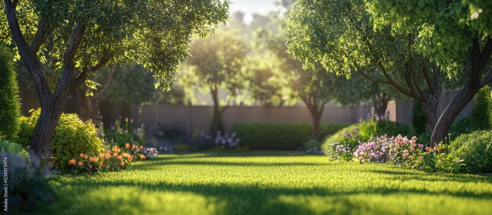 Poster lush garden pathway surrounded by flowering plants and trees with sunlight filtering through branche