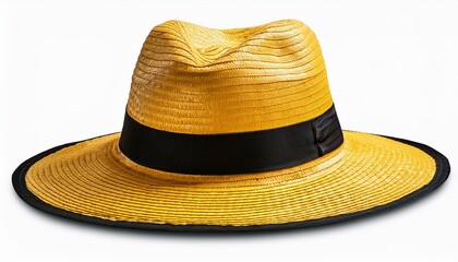 yellow straw sun hat with black band isolated cutout on transparent
