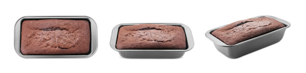 Delicious chocolate sponge cake in baking pan isolated on white, set