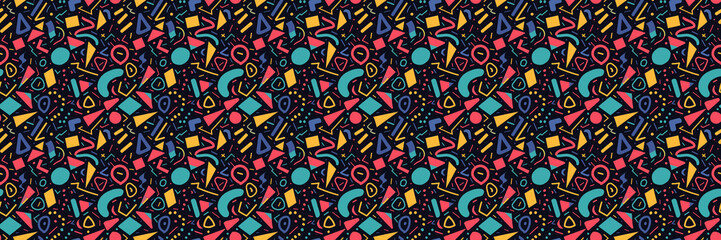  Seamless pattern with geometric shapes in the style. Multicolored vintage background with triangles, circles and squares for textile, fabric and Sudanese fabric art.