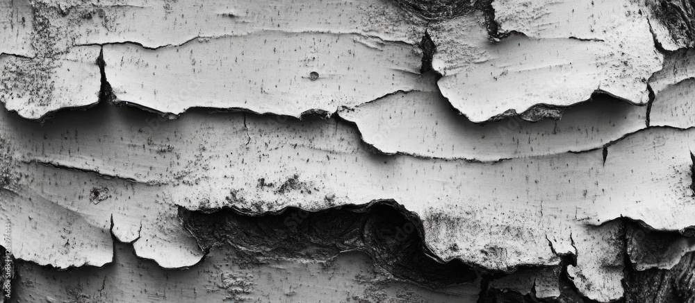 Aufkleber Textured bark of birch tree showing peeling layers and patterns in black and white with natural details and Copy Space for design use
