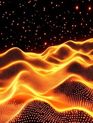 Golden Particle Wave Landscape - Abstract image of glowing golden particles forming a wave-like landscape against a black background, with small sparkles of light.
